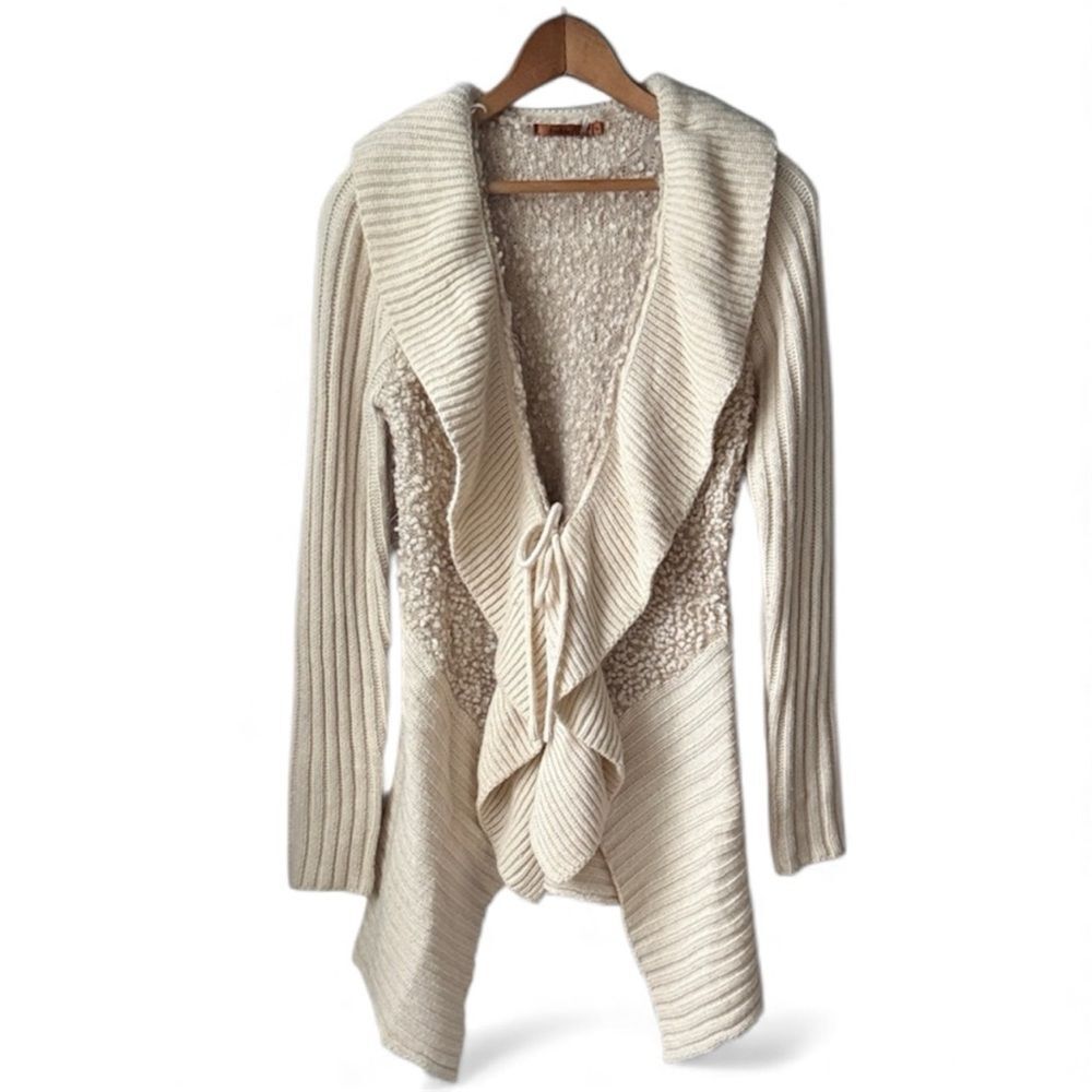 Belldini Cream Textured Flowy Ruffle Long Tie Front Ribbed Boucle Cardigan